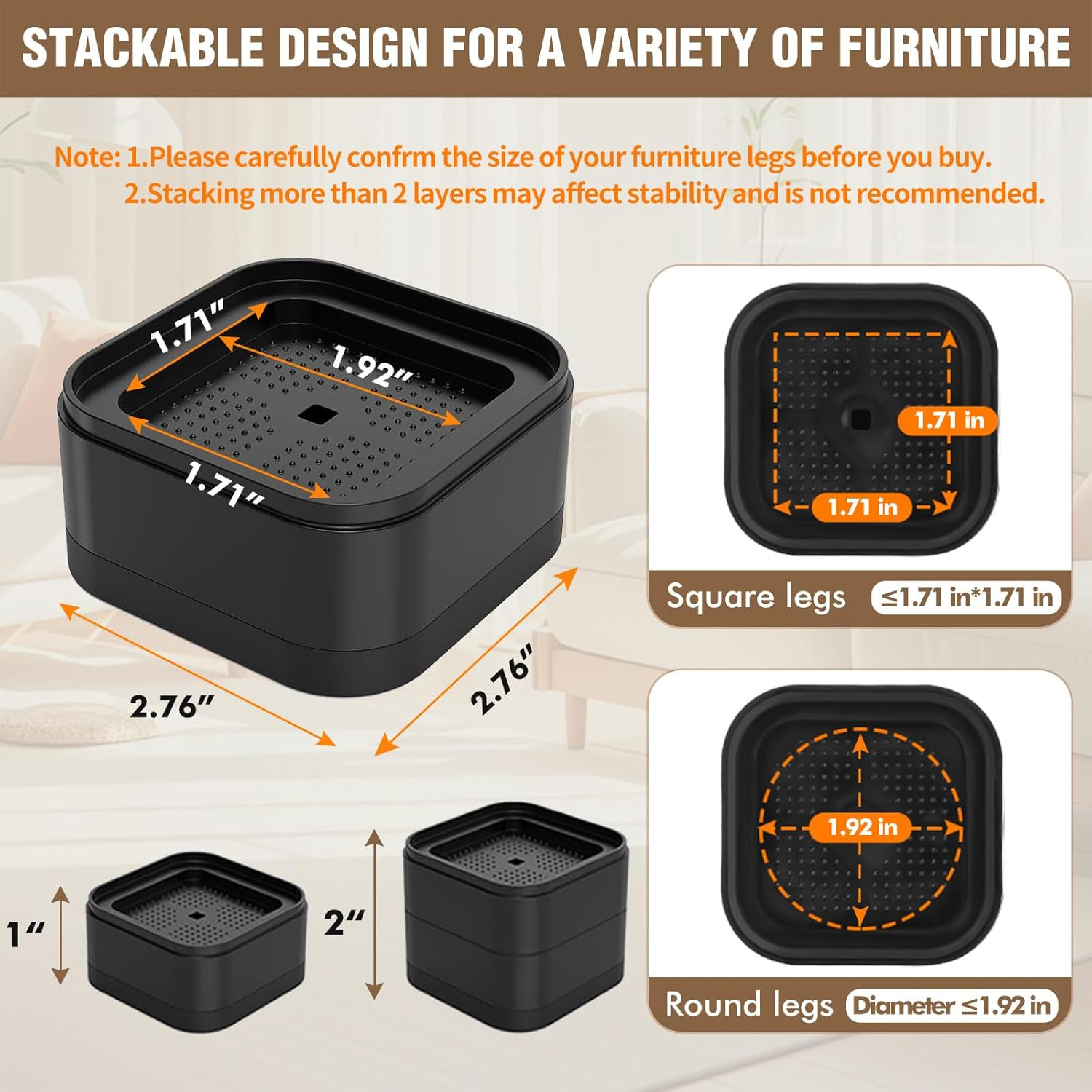 8 Pack Adjustable Furniture Risers Heavy Duty Stackable Bed Table Sofa Lifts