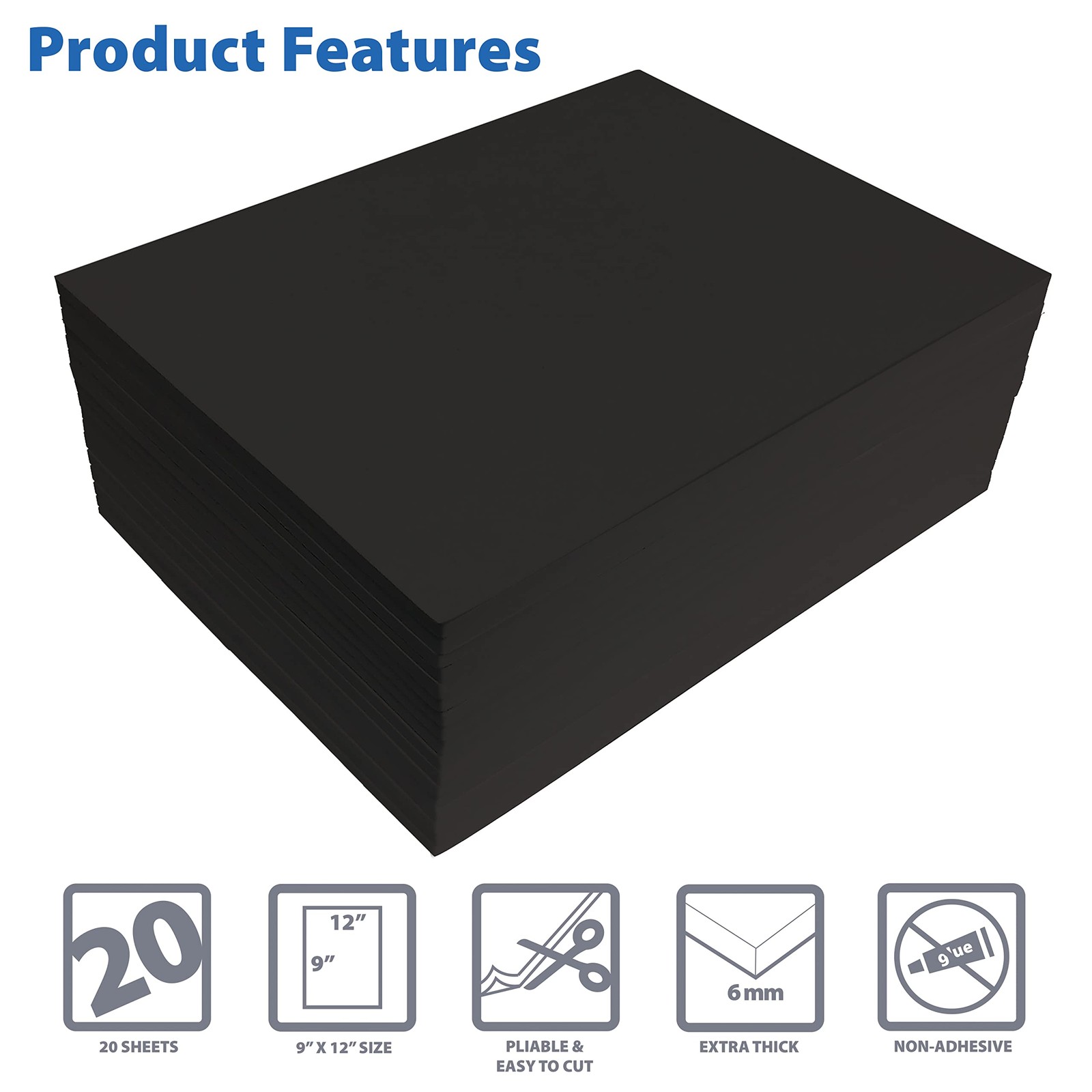 Better Office Products Black EVA Foam Sheets, 20 Pack, 6mm 9" x 12",