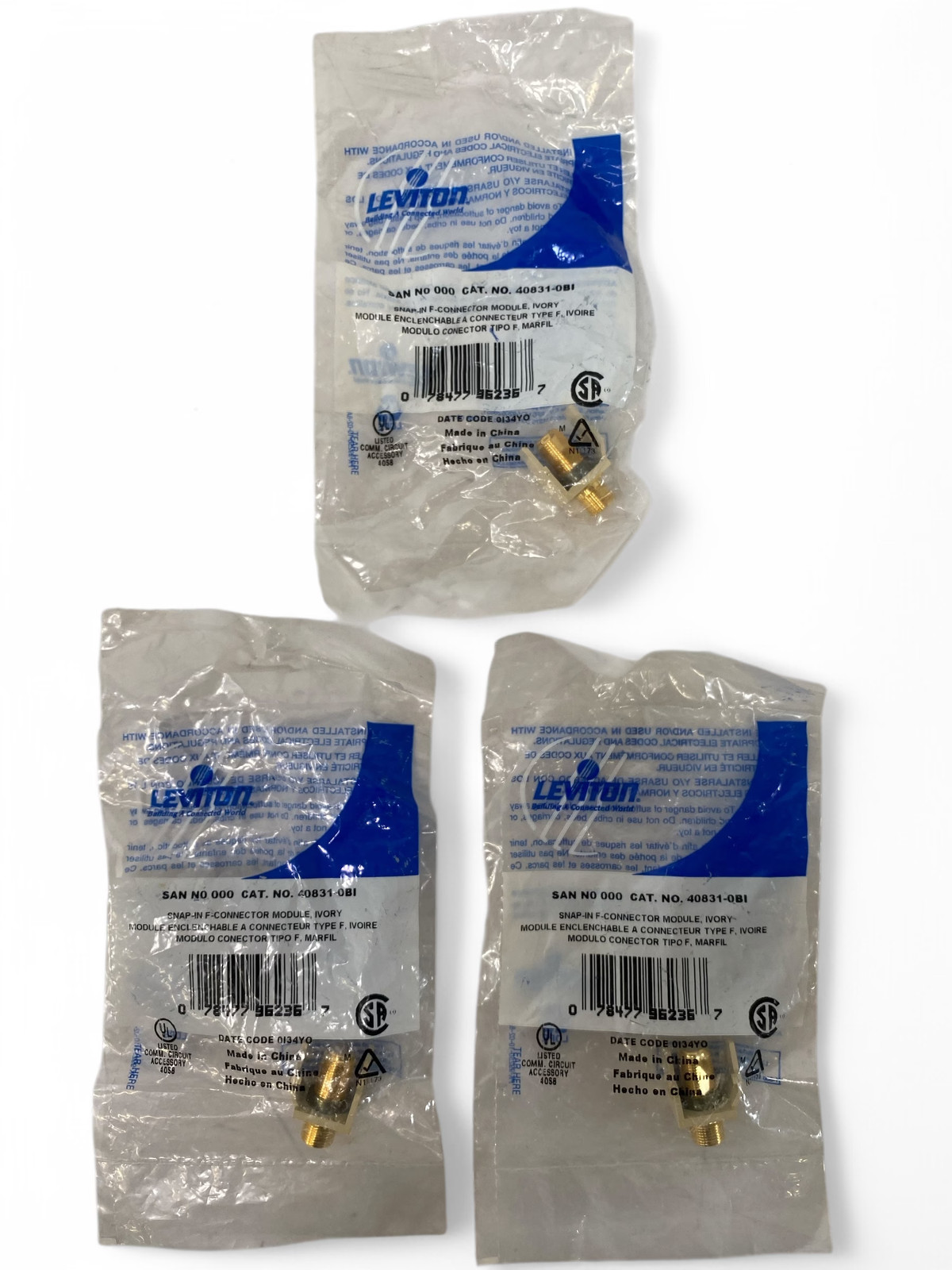 Leviton 40831-0BI Snap-In Quickport Gold F-Connector - Ivory **Lot of 3**