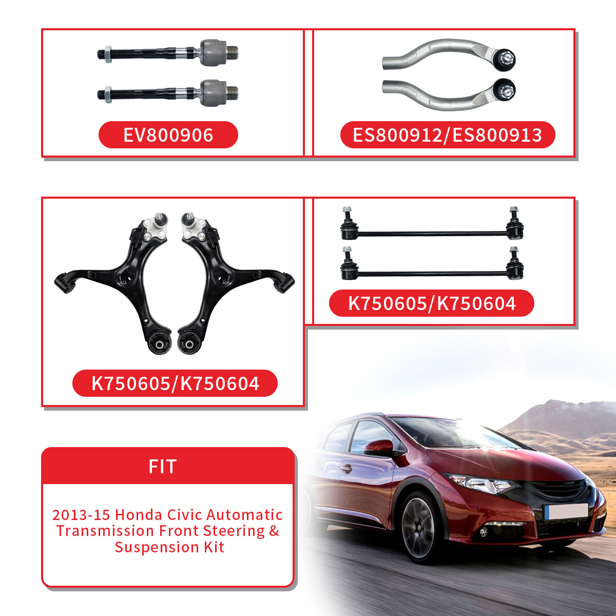 (8) Kit For 2013 - 2015 Honda Civic Front Lower Control Arm Ball Joint Tie Rods