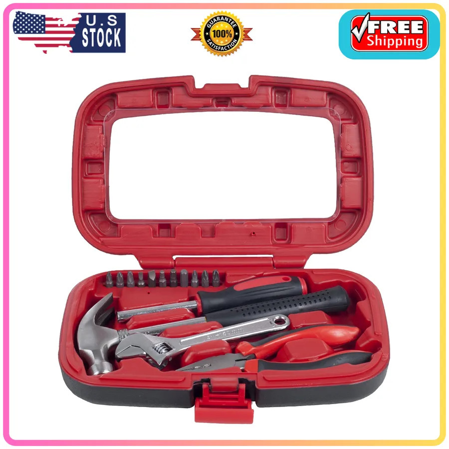 Stalwart 15 Piece Tool Set with Hammer and Multi Bit Screwdriver Red