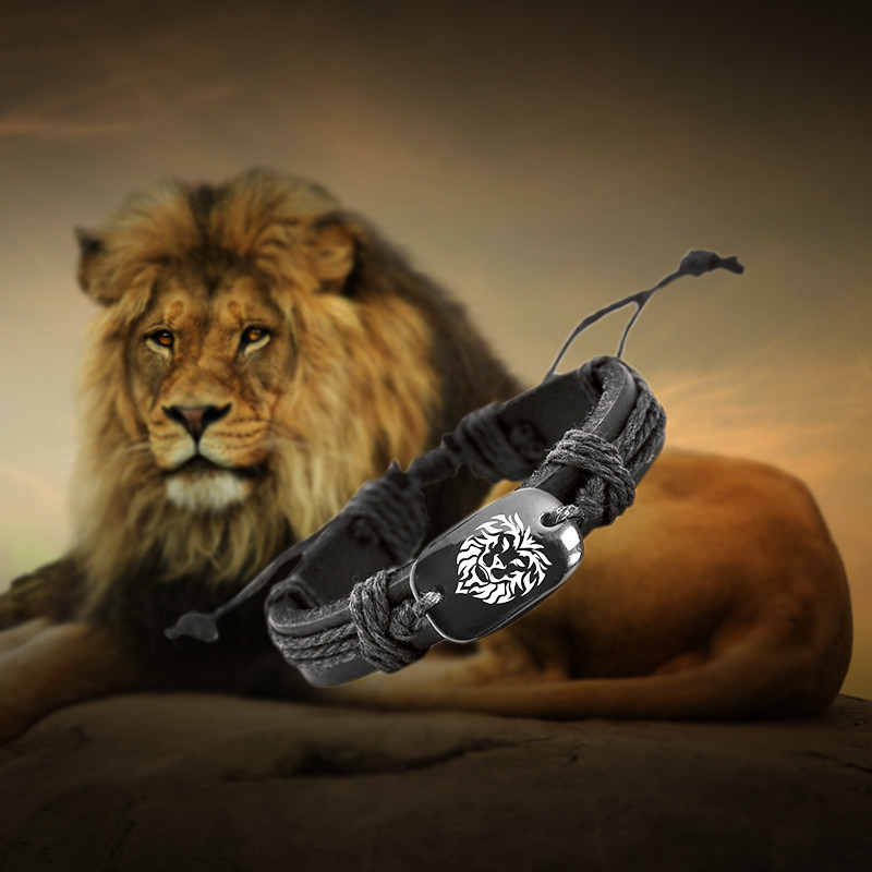 Love Lion Black Vegan Leather Adjustable Bracelet Lion Wristband Lion Bracelet