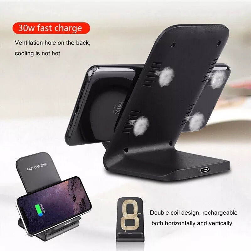 30W Wireless Charger Charging Stand Dock For Samsung iPhone Android Cell Phone