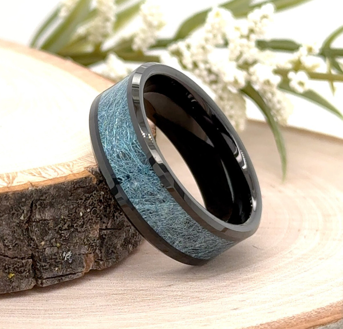 8MM Black Polished Tungsten Ring For Christmas Gifts Blue Silk Thread Inlay Band