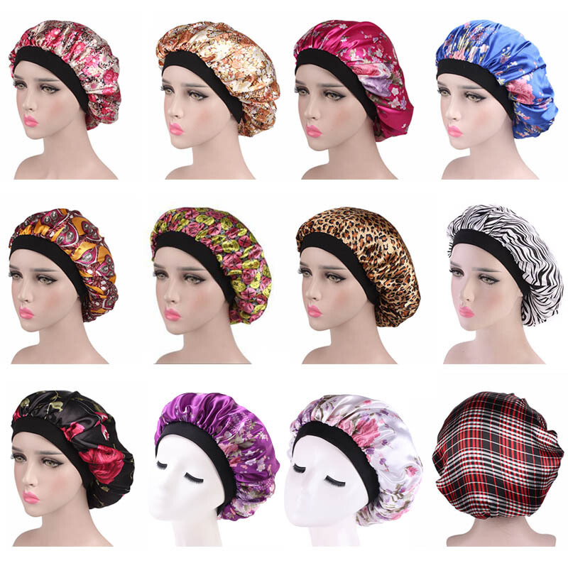US Women Satin Night Sleep Cap Hair Bonnet Hat Silk Head Cover Wide Elastic Band