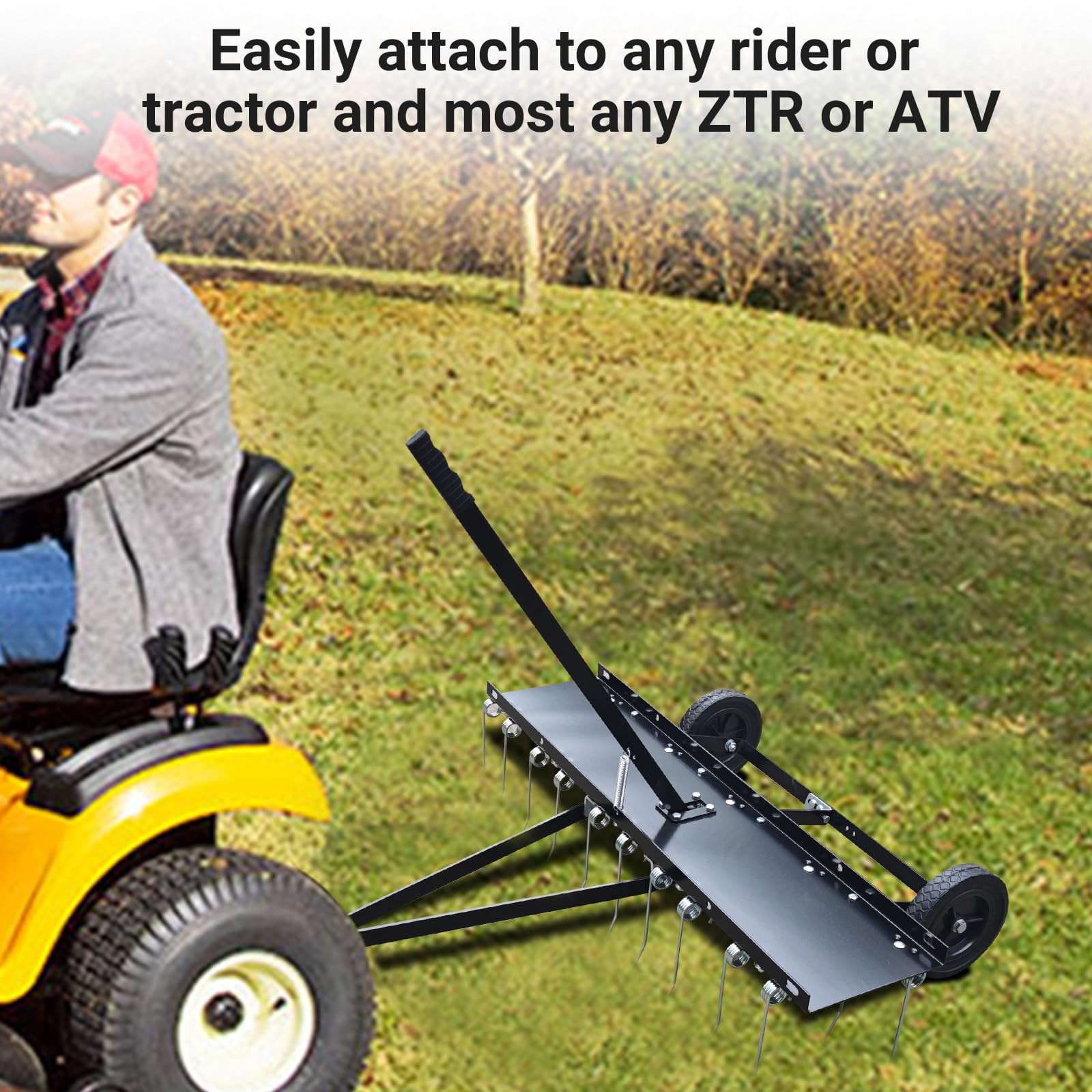 48" Tow-Behind Lawn Dethatcher Rake ATV Tractor 24 Tines 8" Solid Wheels Yard