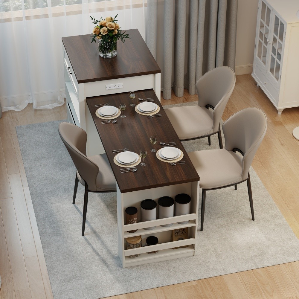 Extendable Kitchen Island Table with Power Outlet Storage Glass Doors Walnut