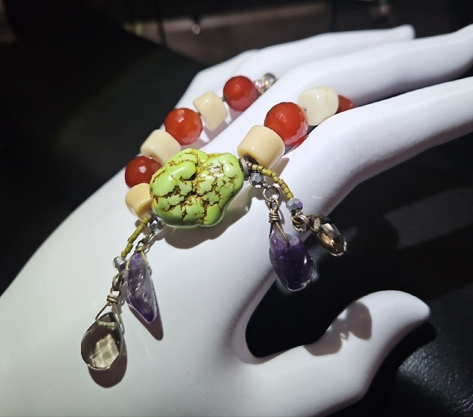 Green Turquoise Amethyst And Crystal Multicolor Beaded Bracelet
