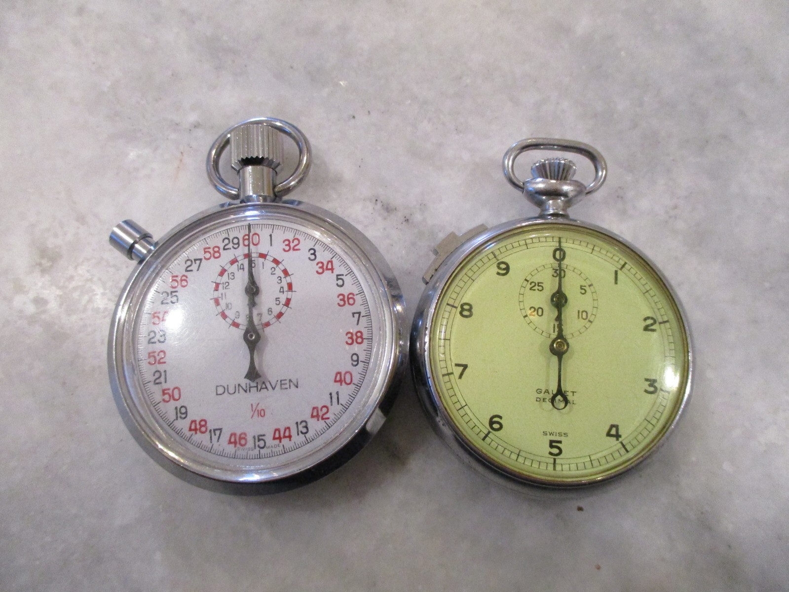 VINTAGE GALLET/JULES RACINE & DUNHAVEN SWISS STOPWATCH SET (2) DECIMAL-RUN GREAT
