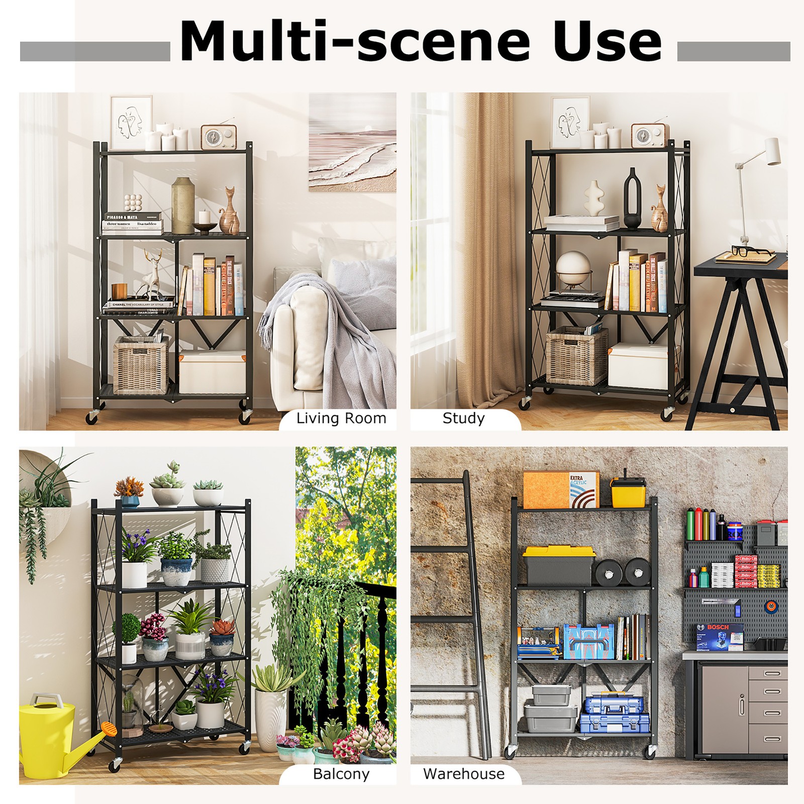 2PCS 4-tier Foldable Storage Shelving Unit w/4 Universal Wheels for Kitchen