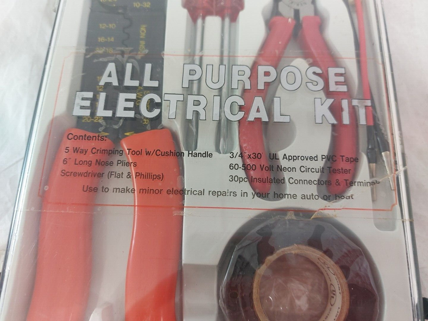 All Purpose Electrical Kit Crimping Tool Tape Connectors Pliers Screwdrivers