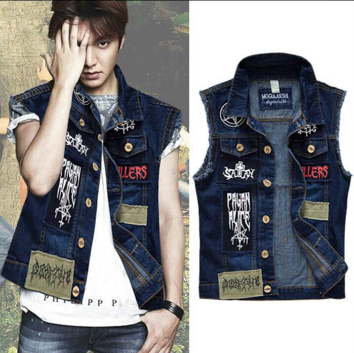 Men Patch Denim Vest Jean Jacket Waistcoat Sleeveless Vintage Punk Casual Jacket