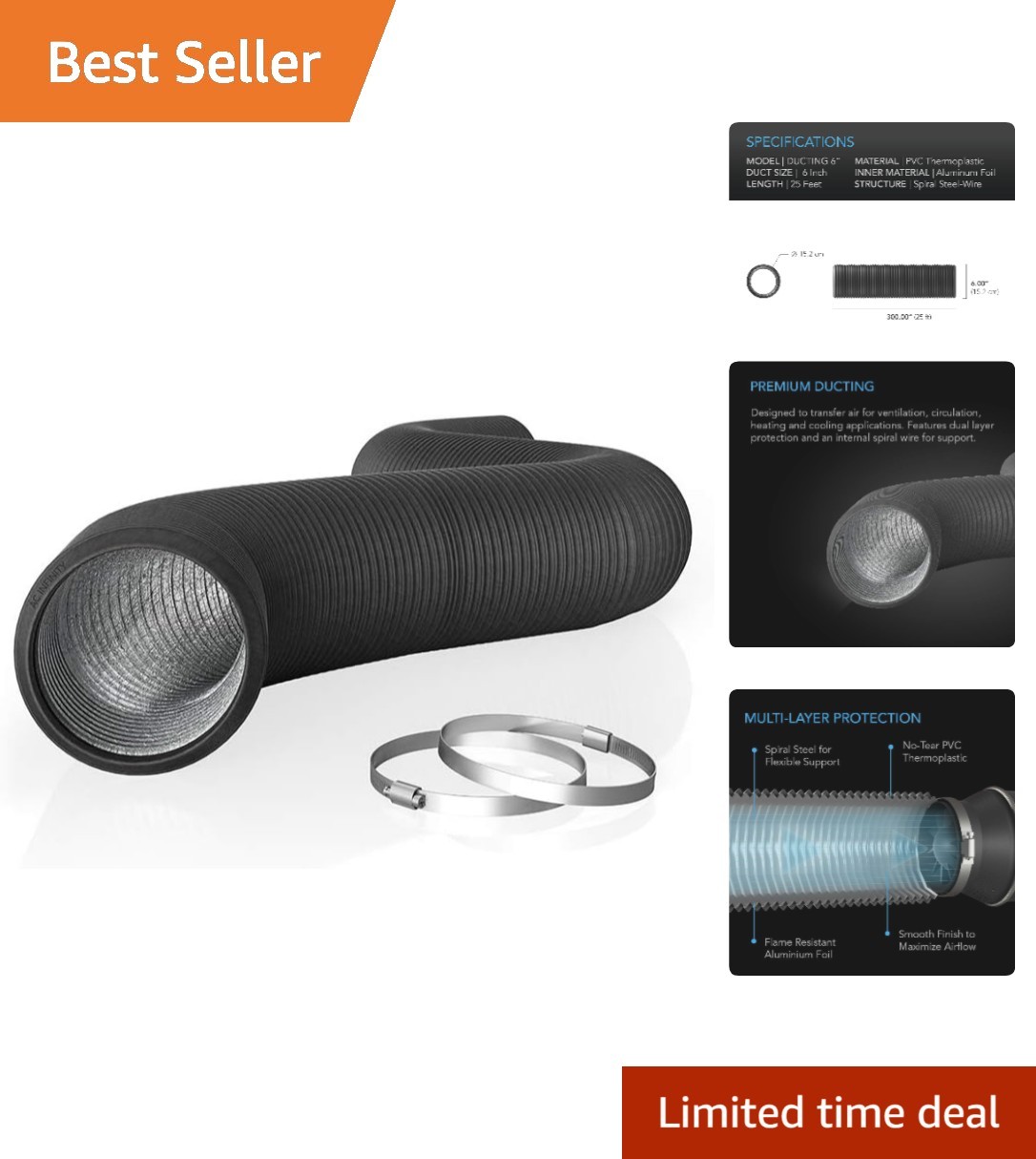 Versatile 6-Inch Aluminum Duct, 25 Feet Long with 4-Layer Protection for Exhaust