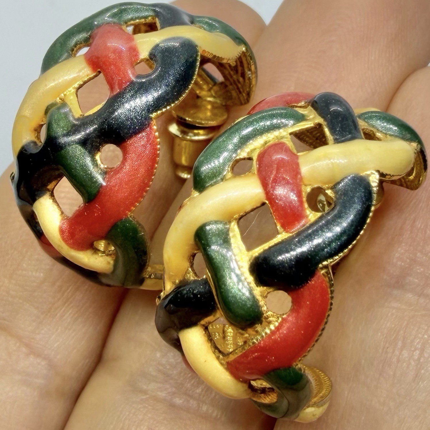 Vtg Celtic Knot Weave Wide Bold Hoop Earrings Post Goldtone Multicolor Enamel