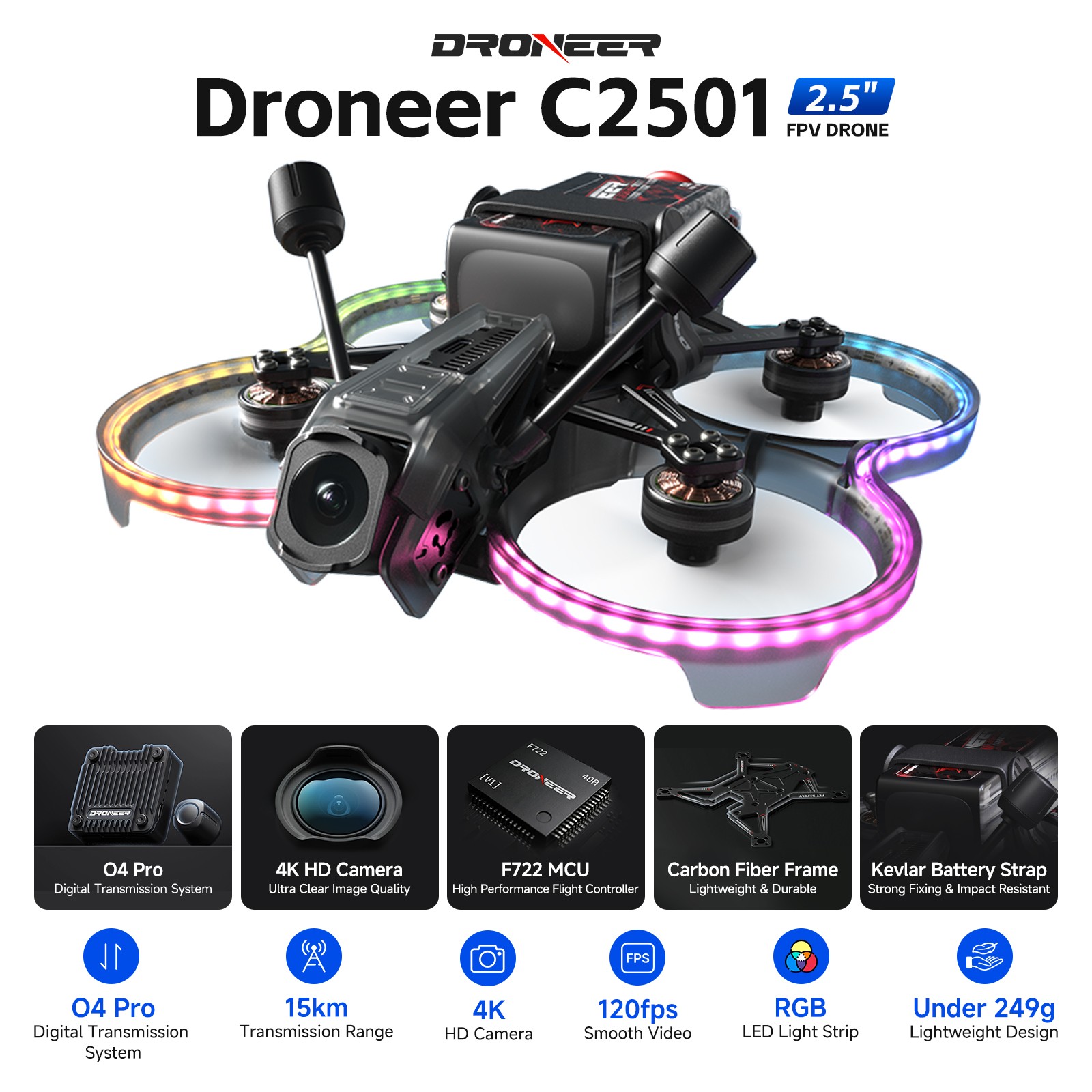 Droneer 2.5" FPV Drone 4K HD Camera O4 Pro Digital 15km Transmission Under 249g