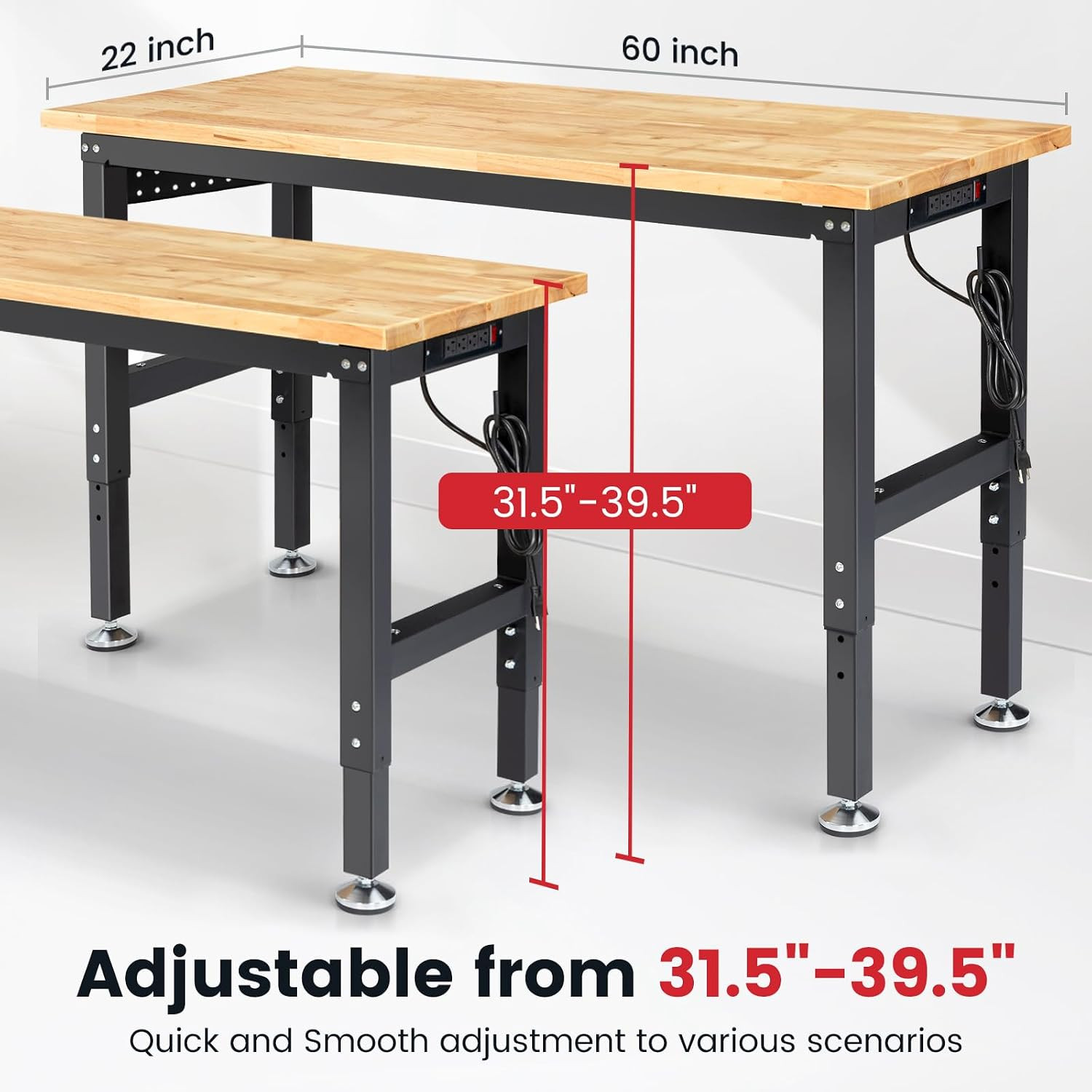 ENJOYWOOD 60" Adjustable Height Workbench with Pegboard & Power Outlet Heavy Dut