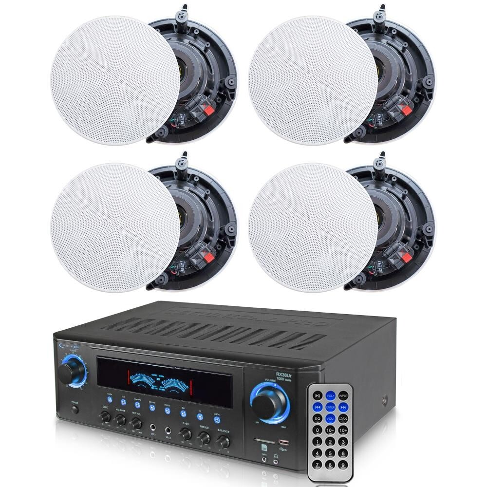 1000 Watts Stereo Receiver 4 x 5.25” Ceiling Frameless Wall Mount Speakers