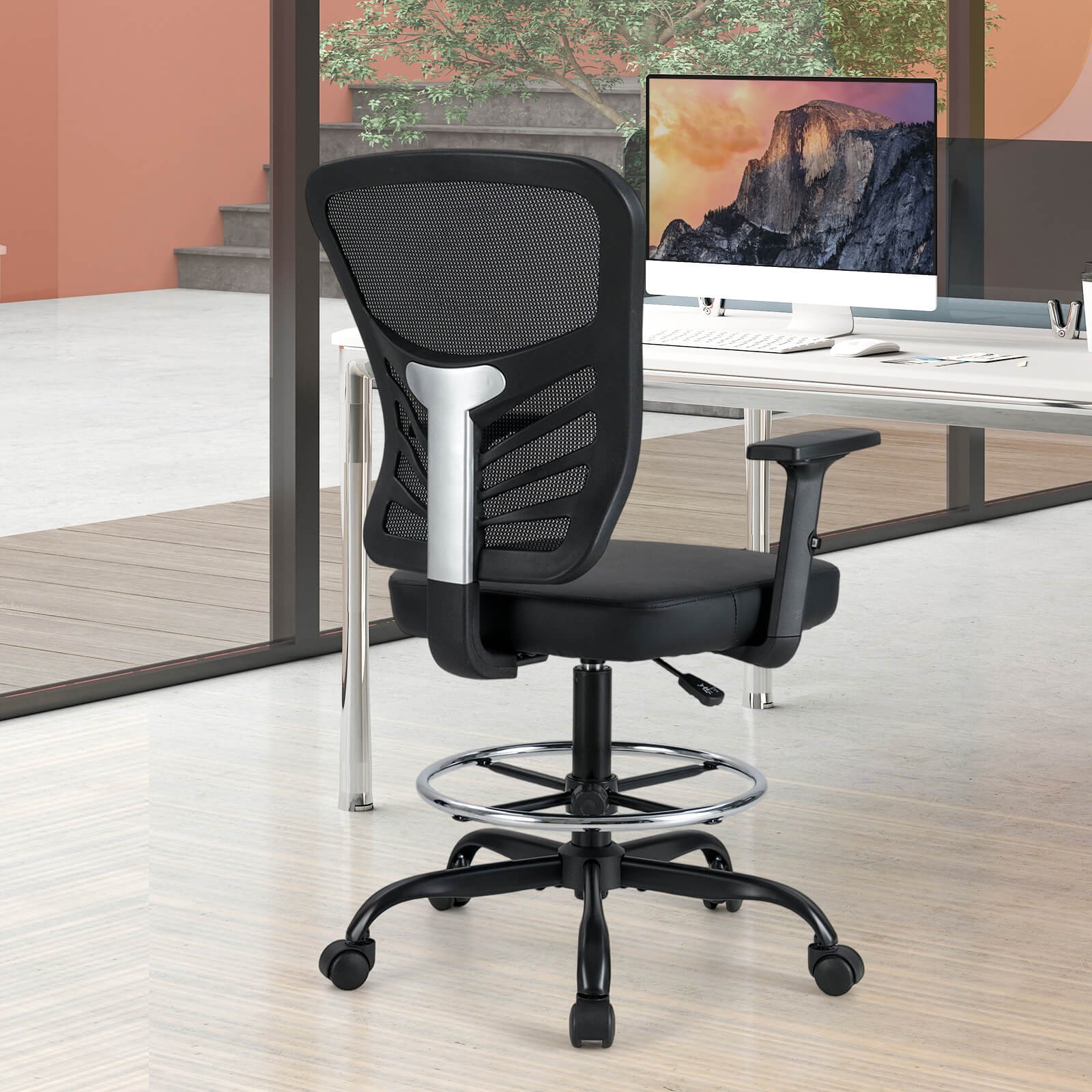Costway Mesh Chair Office Chair Mid-Back Tall Drafting Chair w/ Armrests Black