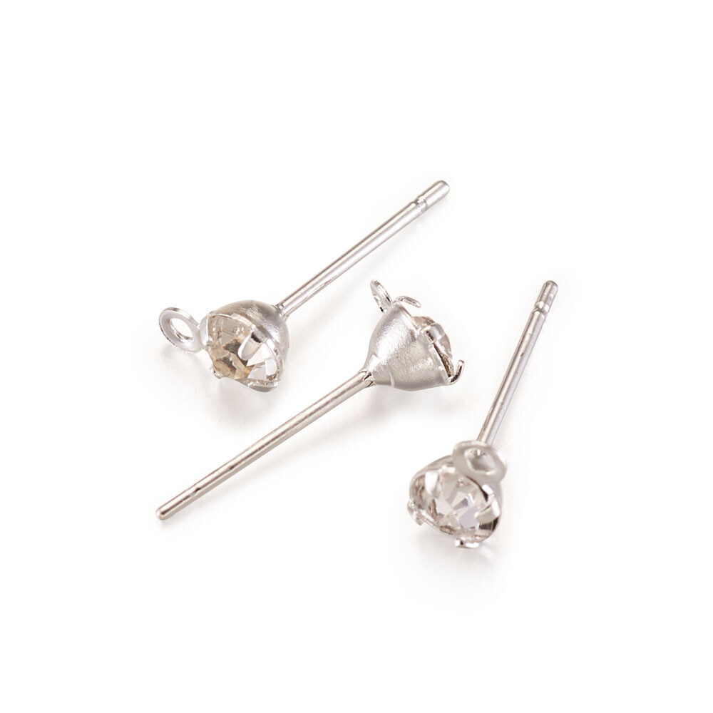10 Pairs Silver Plated Brass Ear Stud Post Earring Settings With Rhinstone DIY