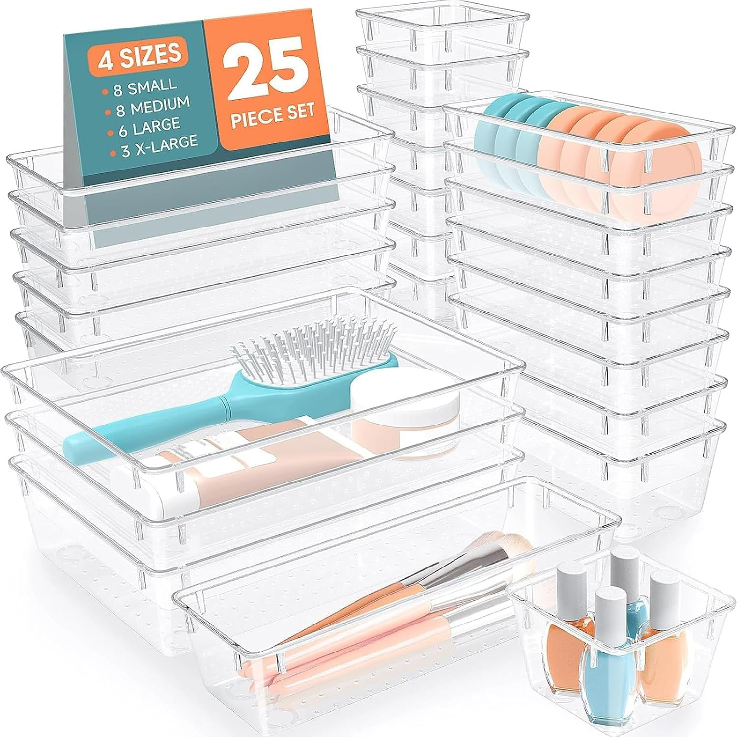 25 PCS Plastic Drawer Organizer Set, 4-Size Organizer Trays & Storage Bins