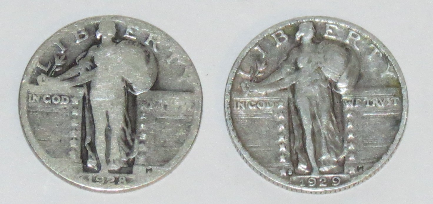 Two 90% Silver Standing Liberty Quarter Dollar Coins, 1928 & 1929