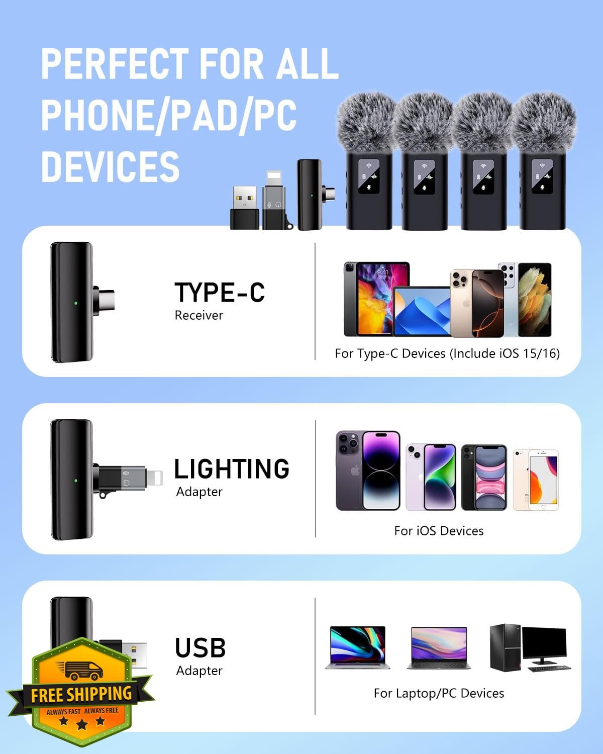 ZERFUN 4 Wireless Lavalier Mics for iPhone Android