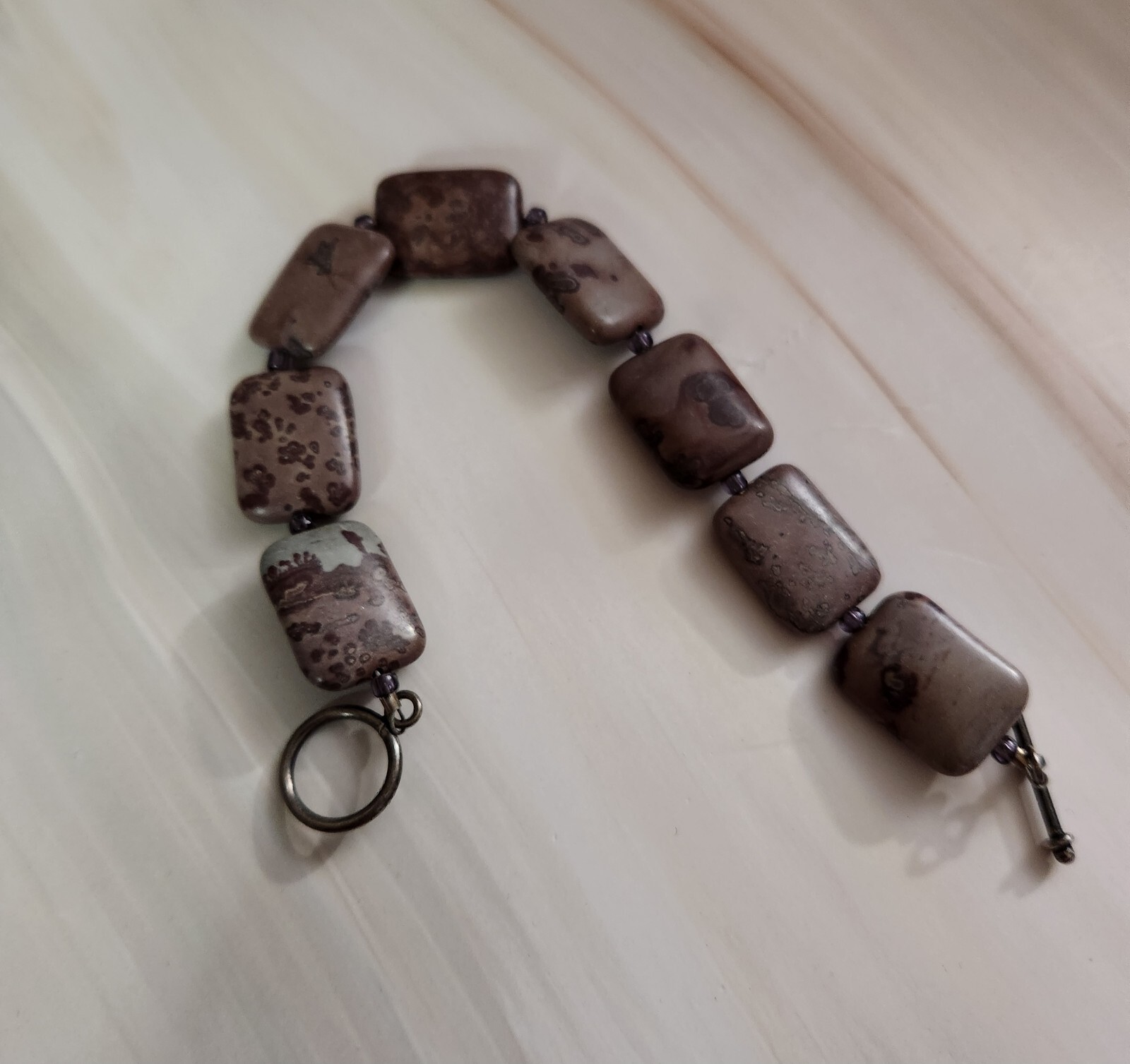 Natural Brown Jasper Crinoid Rectangular Stone Beaded Bracelet