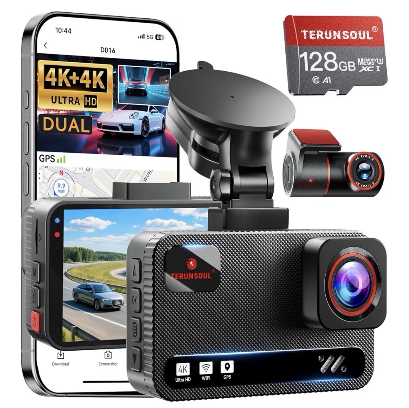 TERUNSOUl 4K Dash Cam Front and Rear, Free 128GB Card Included 5.8GHz WiFi Black