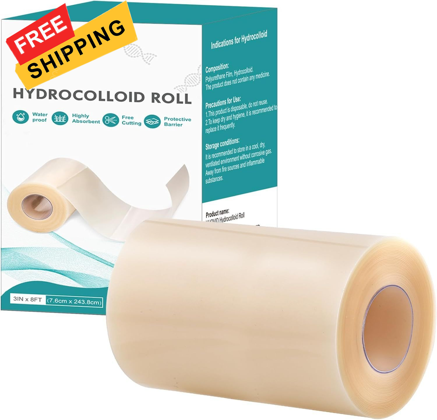 Hydrocolloid Roll for Wound Care, Patch Bandages with 3in x 8ft