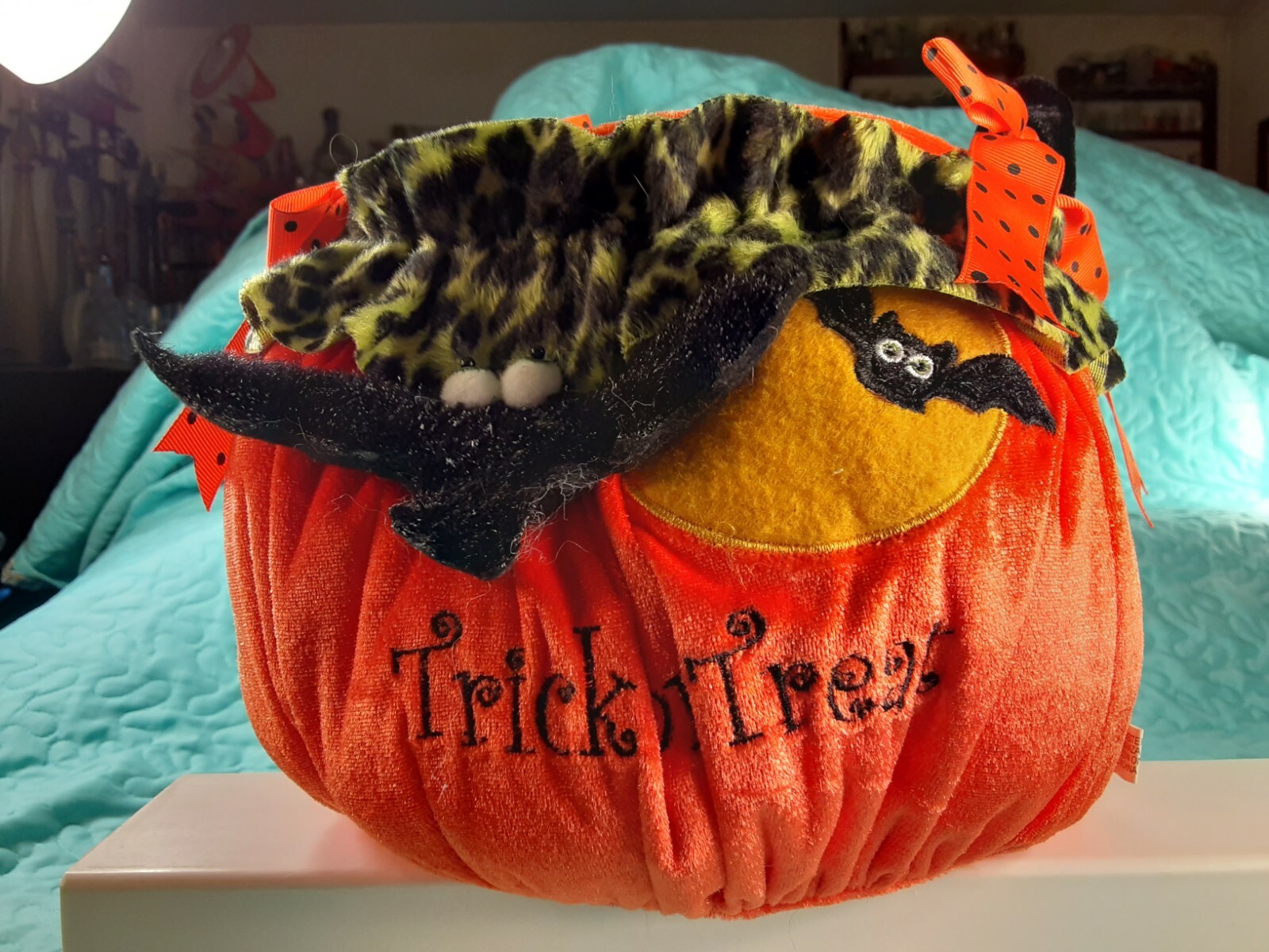12" Fabric JACK O LANTERN Trick or Treat Candy Pail w/ Handle & BATS  Pumpkin