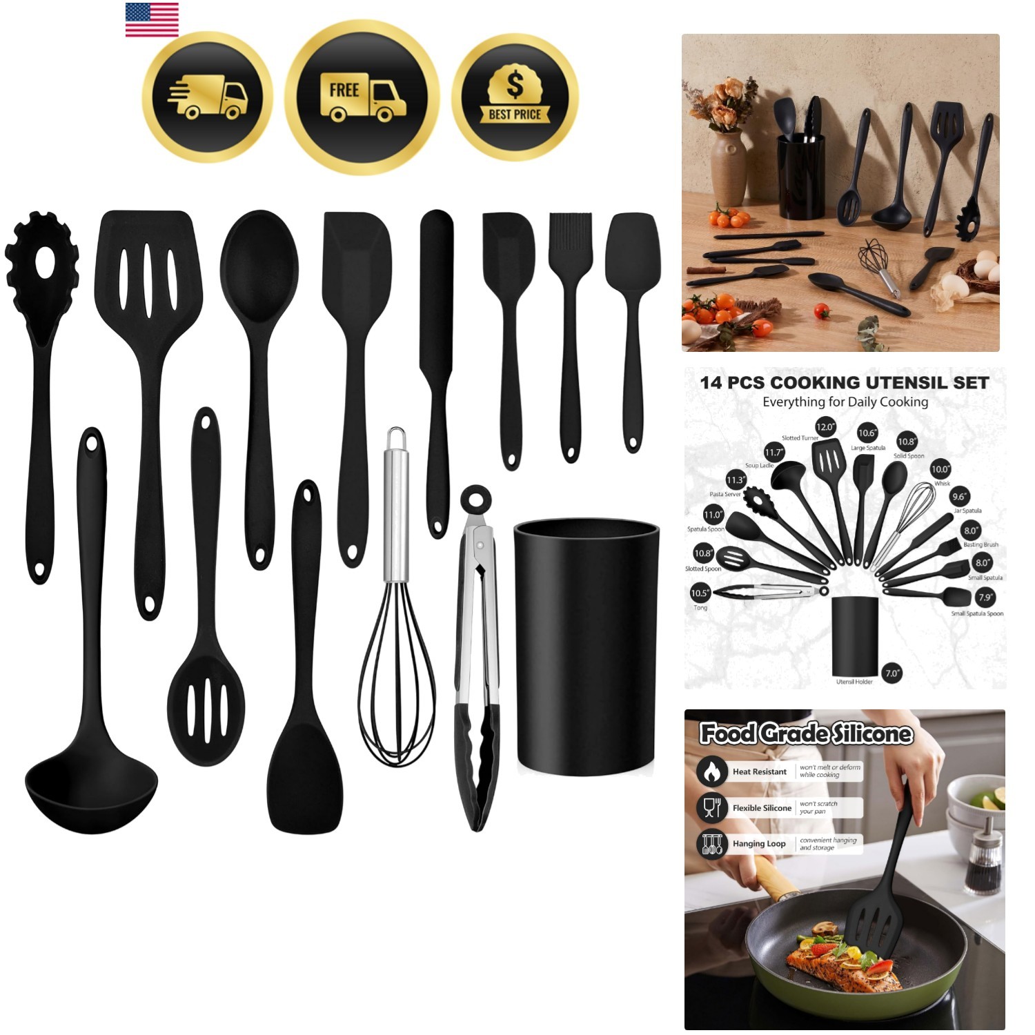 14 Pcs Silicone Kitchen Utensils Set with Holder, 446°F Heat Resistant Silico...