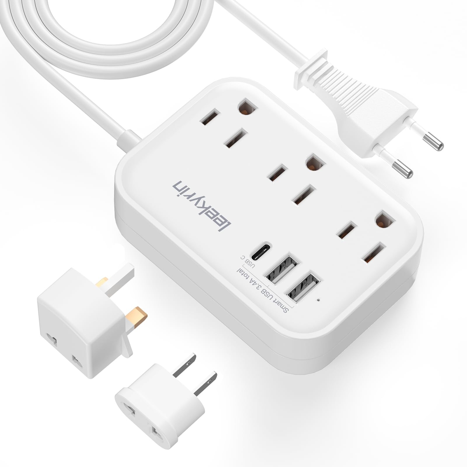 European Travel Plug Adapter US to UK Europe Power Strip for EU/UK/US White