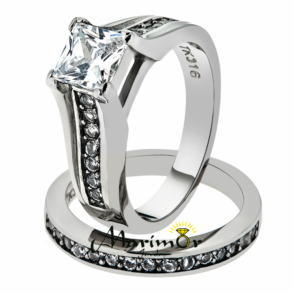 Princess Cut Zirconia Stainless Steel 316 Wedding Ring Band Set Women's Sz 5-11