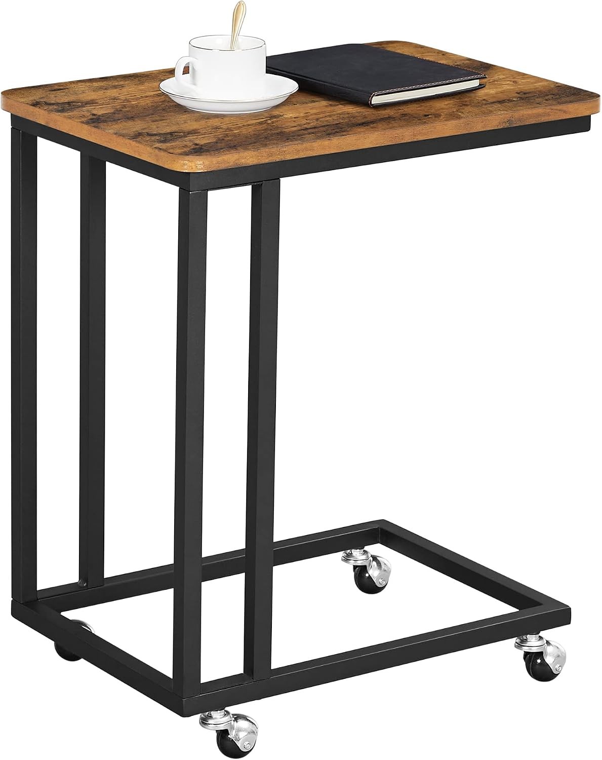 End Table C Shaped TV Tray W/ Metal Frame Rolling Casters Industrial Side Table