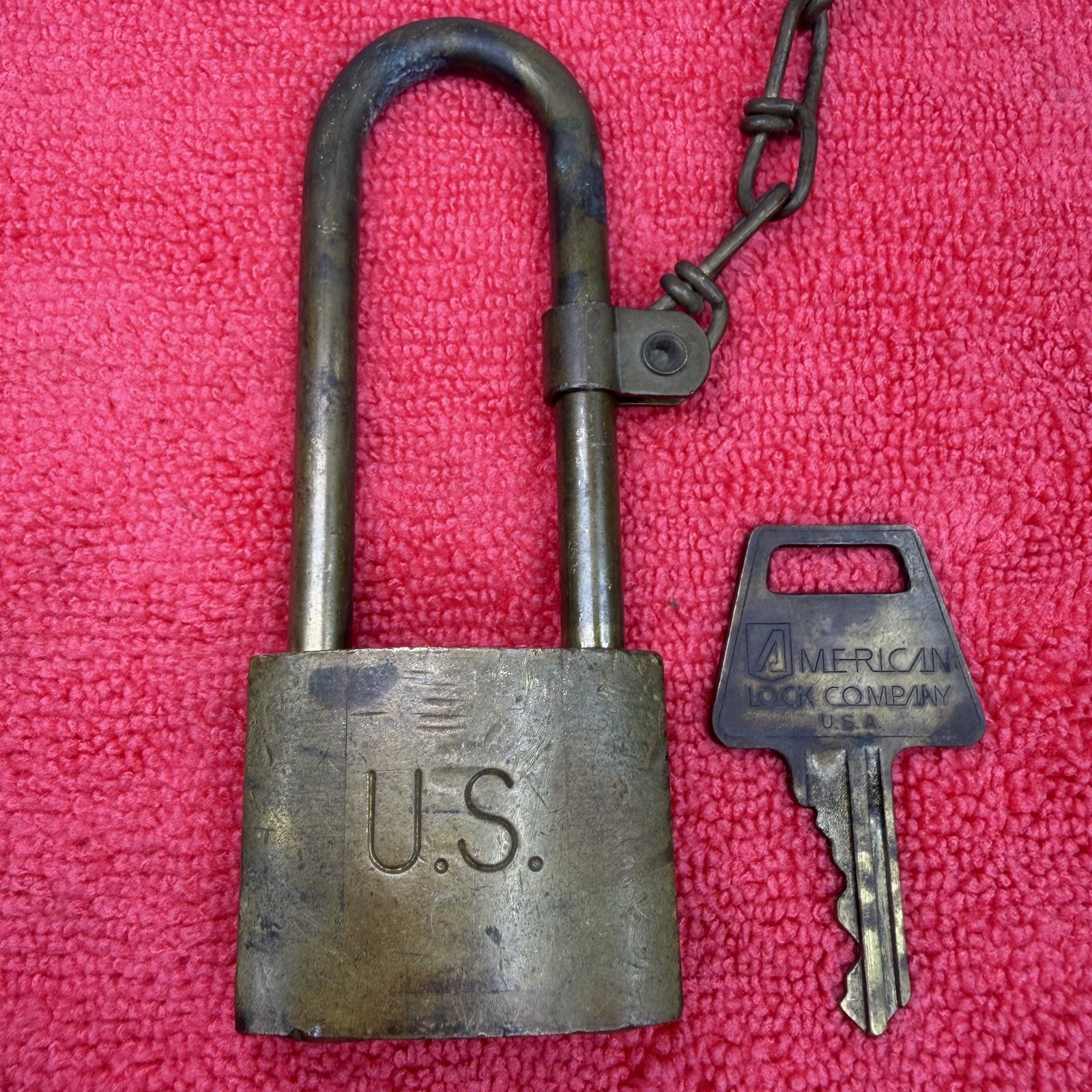 Vintage U.S. Military Brass Padlock , Chain & Key American Lock Co. USA 6460H