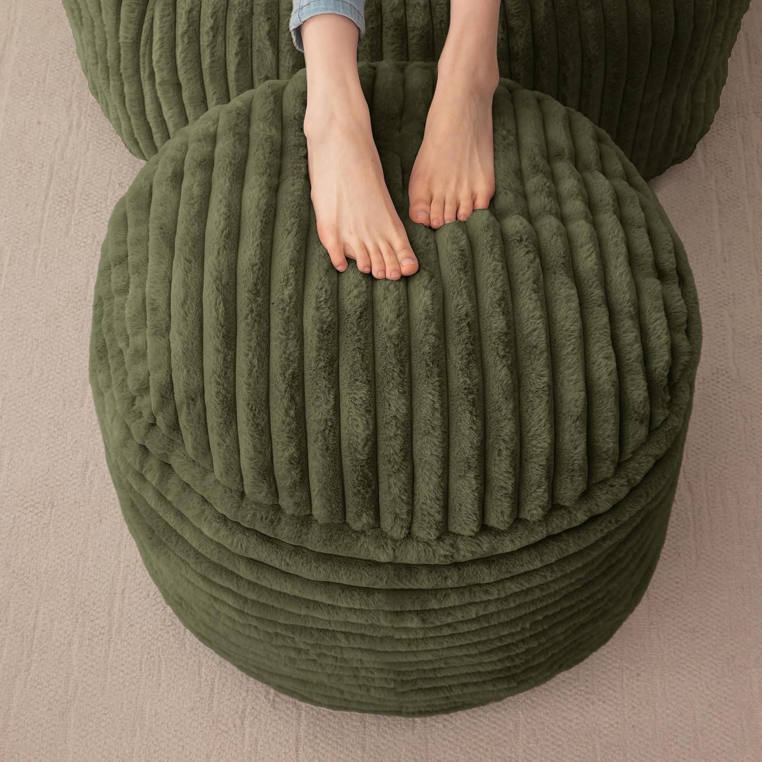 Round Stuffed Pouf Ottoman Stripe Faux Fur Poufs W/ Foam Chunk Filling Furry &