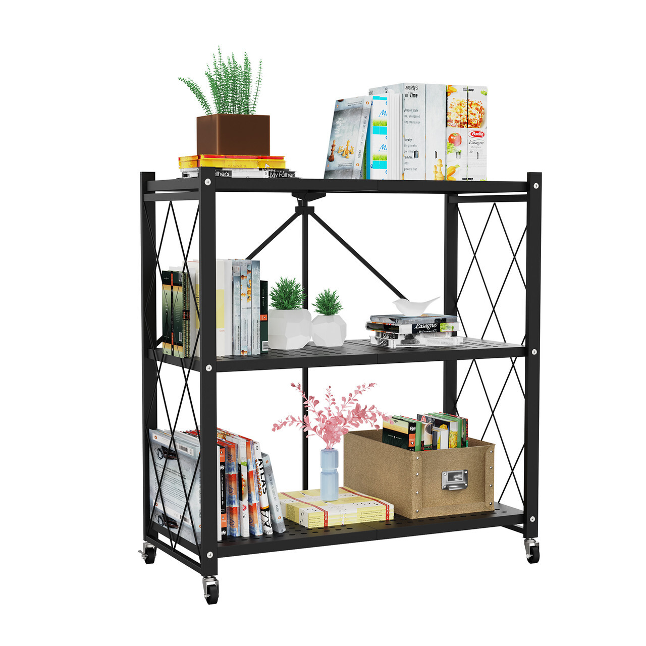 3/4 Tier Heavy Duty Foldable Metal Rack Storage Shelving Unit With Wheel Kitchen