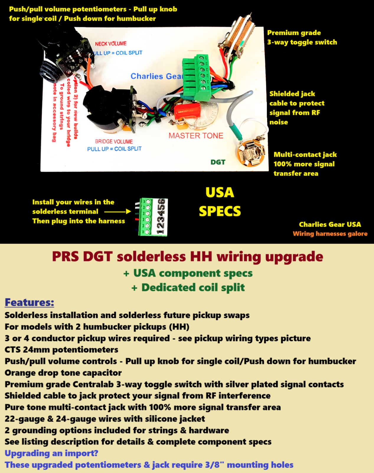 PRS DGT Solderless HH Wiring Upgrade +Dedicated Coil Split +USA Spec Components