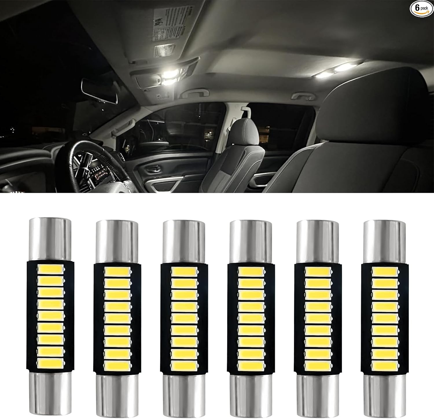 6PCS 28mm 29mm 6614F Festoon LED Car Bulb, Car Vanity Light Bulbs Color: White