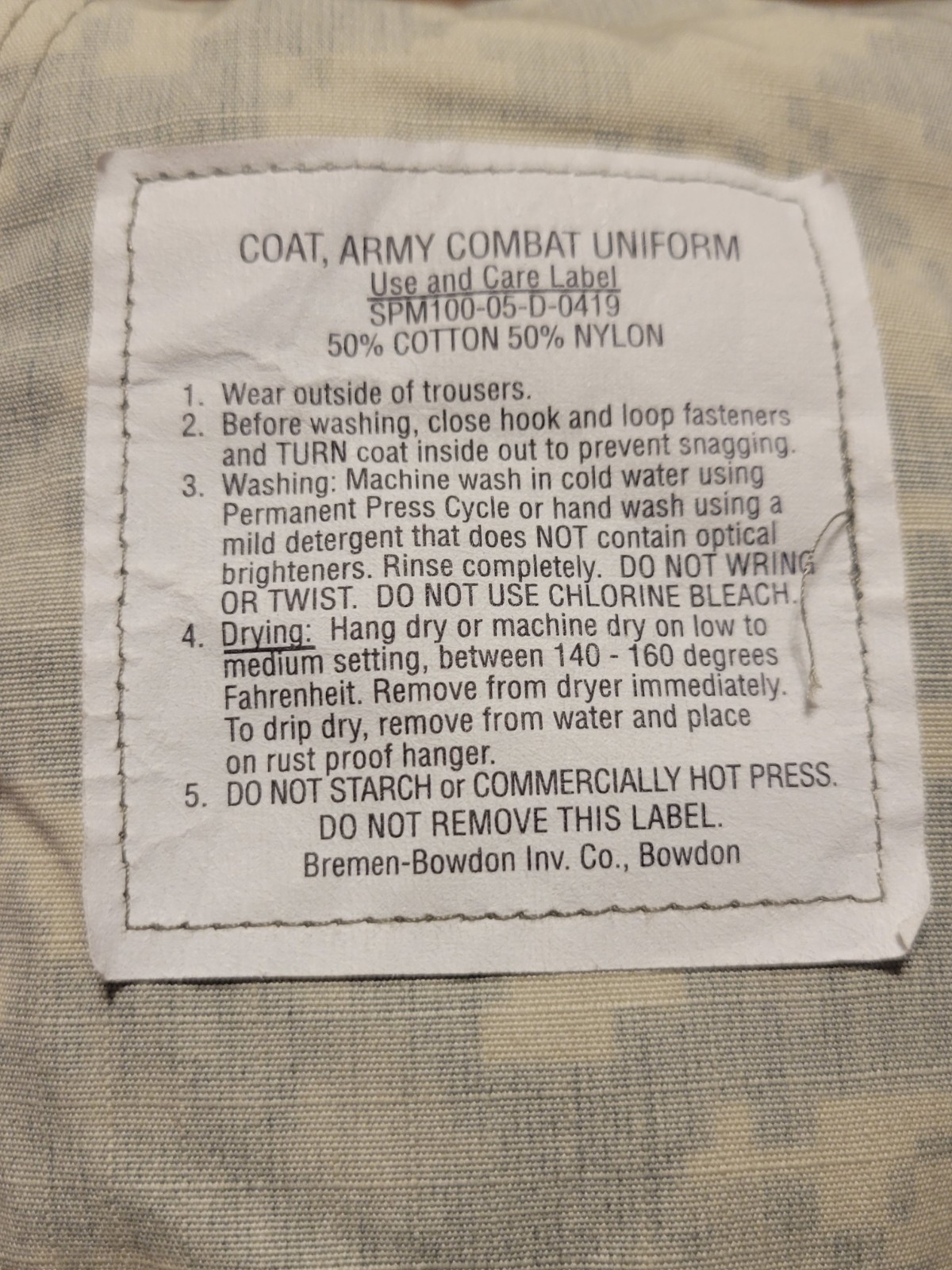 U.S. Army Combat Uniform Coat Full Zip, Tag Size Medium - Regular