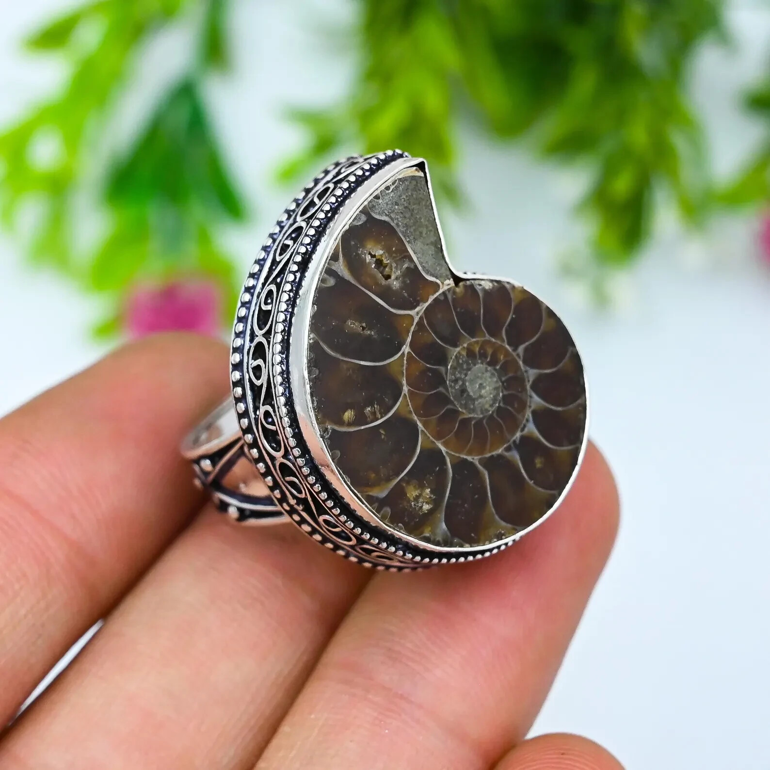 Natural Ammonite Fossil Ring 925 Sterling Silver Ring Gemstone Ring Women's Ring