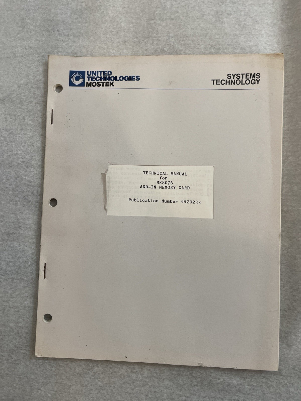 UNITED TECHNOLOGIES MOSTEK  technical manual for MK8076 ADD-IN memory card