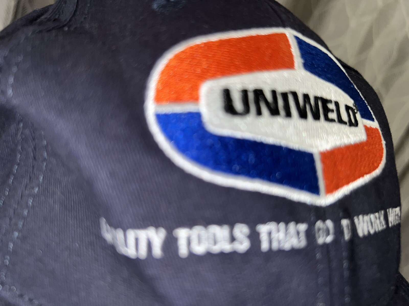 Uniweld logo patch on Navy blue hat cap Quality tools Hook Loop EUC