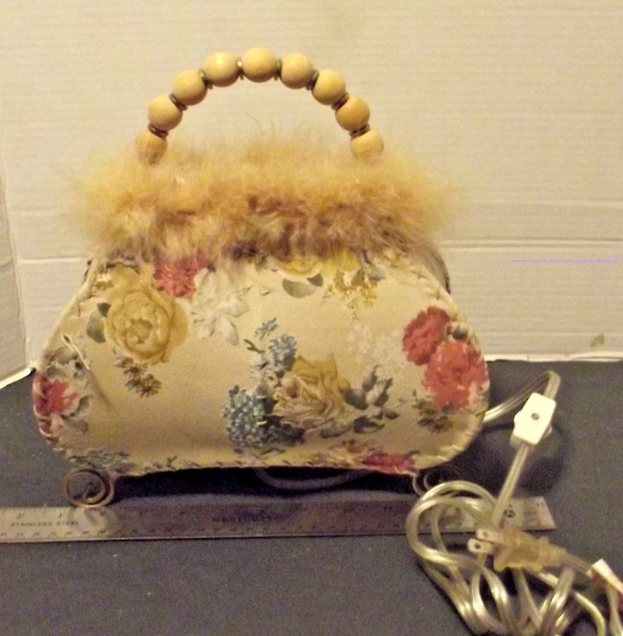Vintage Victorian style Print with Wood beads Purse Lamp Faux Fur