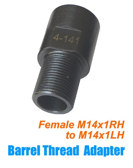 Barrel / muzzle Thread Adapter, M14x1 RH to M14x1 LH Male, 10.1 mm Hole, 4-141