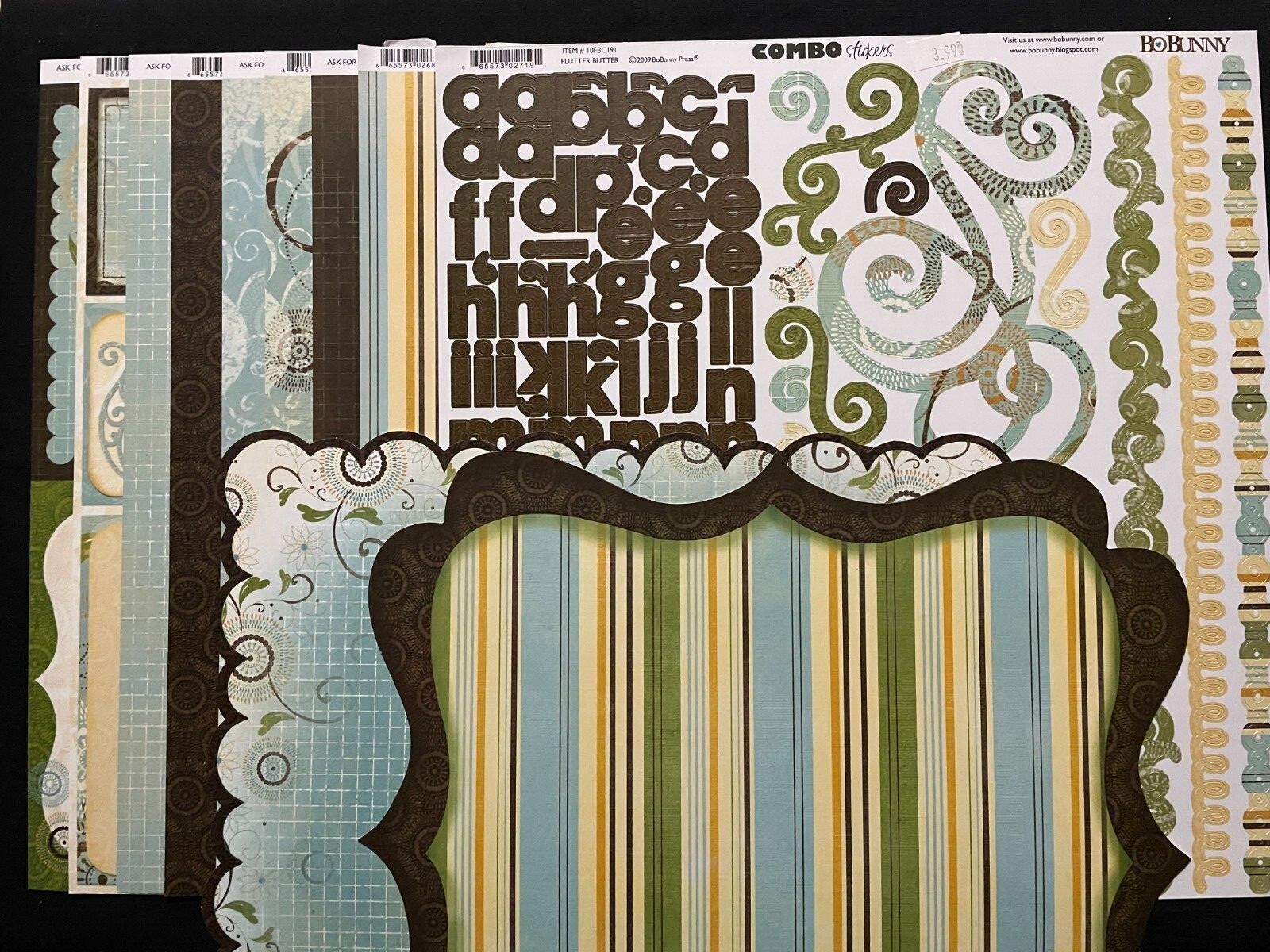 BO BUNNY "FLUTTER BUTTER" DS PAPERS, ALPHABET, CUT OUTS WITH EMBELLISHMENTS