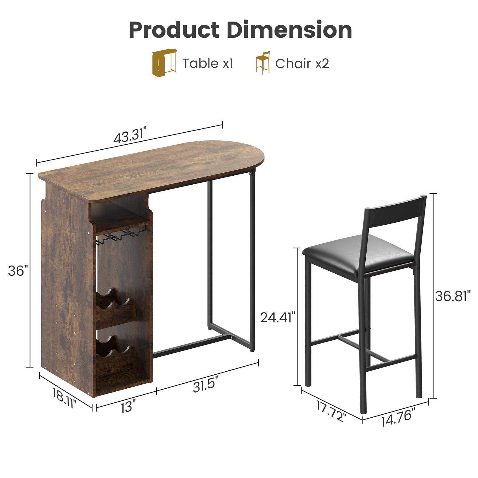 Rustic Bar Table Set with Triple-Level Wine Rack, Padded Stools, Stemware Hanger