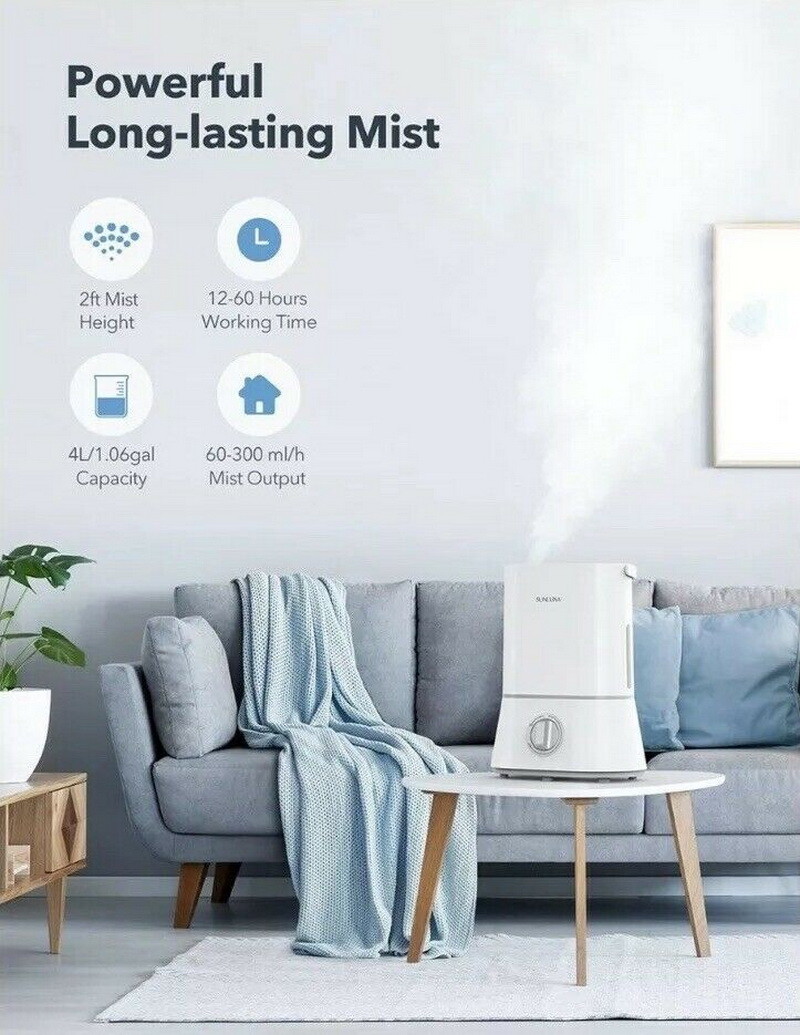SUNLUNA SL-AH001 4L Cool Mist Ultrasonic Quiet Humidifier for Baby WHITE DI19_W