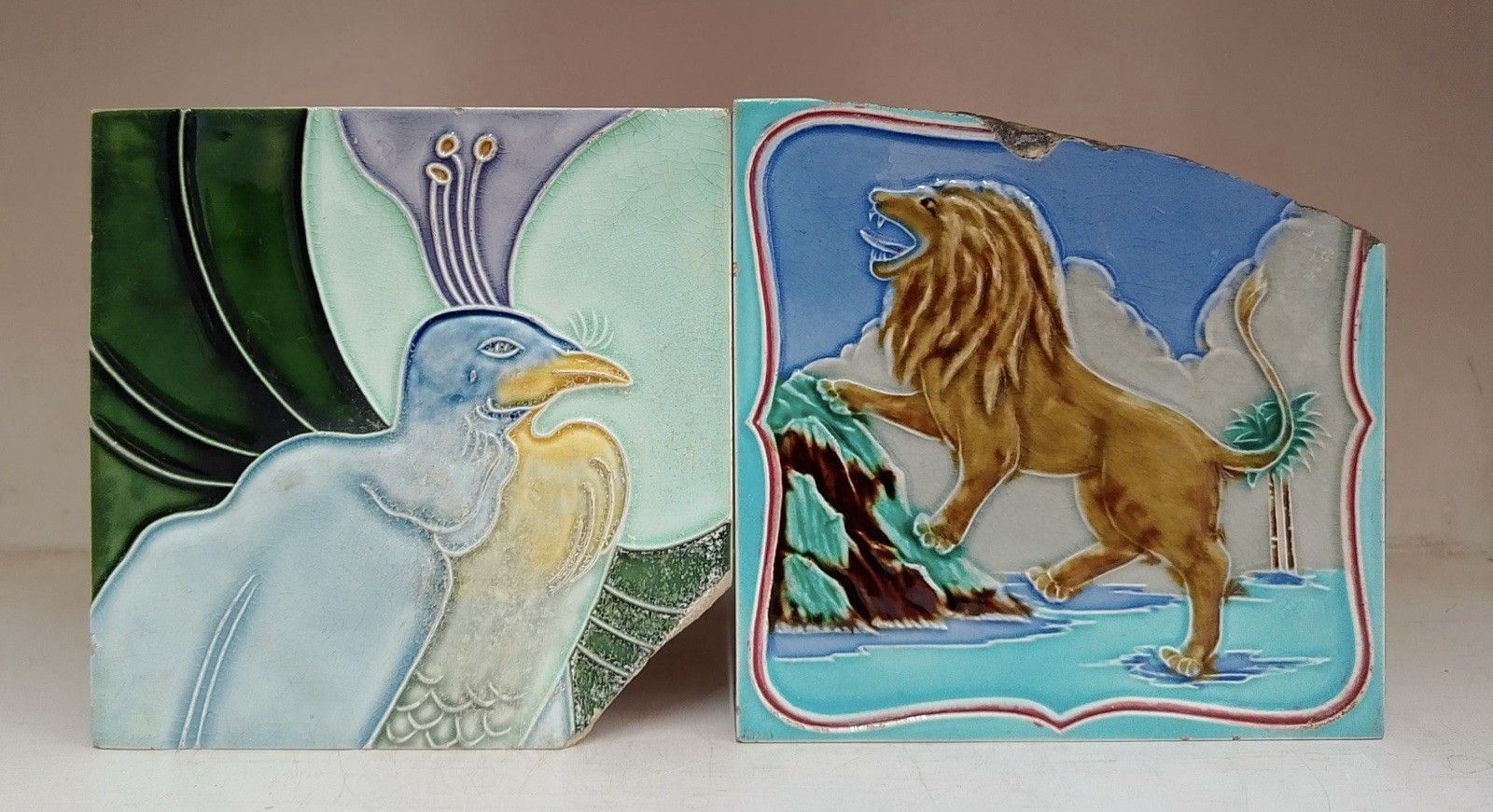 RARE VINTAGE 2 PCS BEAUTIFUL ANIMAL DESIGN MAJOLICA CERAMIC JAPAN TILES.