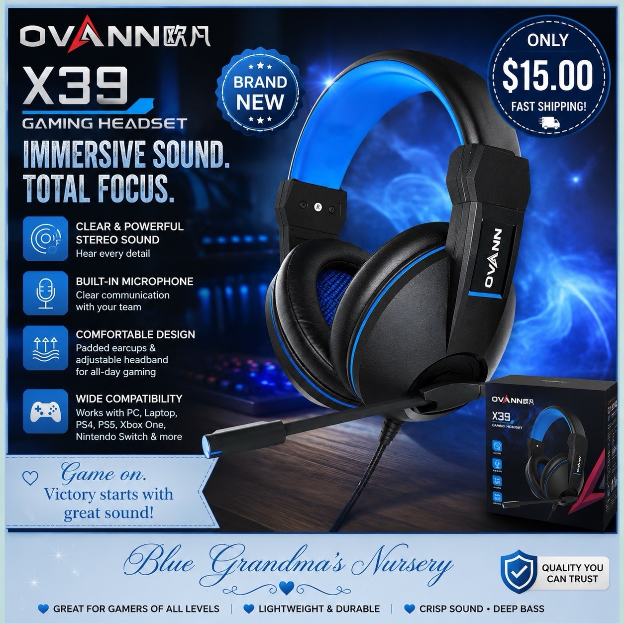 OVANN X39 Wired Gaming Headset 3.5mm Boom Mic 40mm Stereo Black